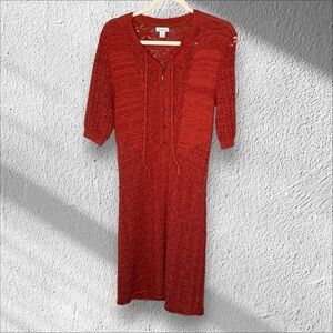 Sundance Pretty Pointelle Paprika Rust Orange Knit Crochet Dress‎ Boho Winter SM